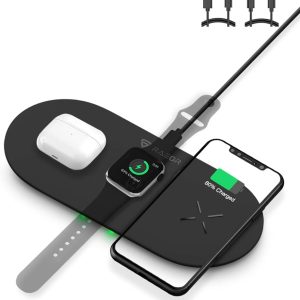RAEGR Arc 1350 [3-in-1] Dual 15W Triple Wireless Charging Pad Trio Mat | with 2 Type-C PD Cables for iPhone 15/14/13/12 Series, Galaxy S24/S23/S22 Series, Apple Watch Series [Ultra/9/8/7/SE/6] -Black