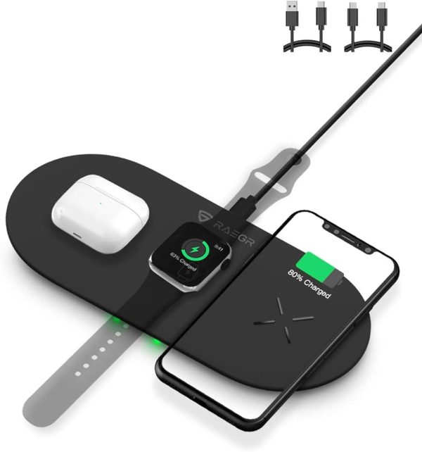 RAEGR Arc 1350 [3-in-1] Dual 15W Triple Wireless Charging Pad Trio Mat | with 2 Type-C PD Cables for iPhone 15/14/13/12 Series, Galaxy S24/S23/S22 Series, Apple Watch Series [Ultra/9/8/7/SE/6] -Black